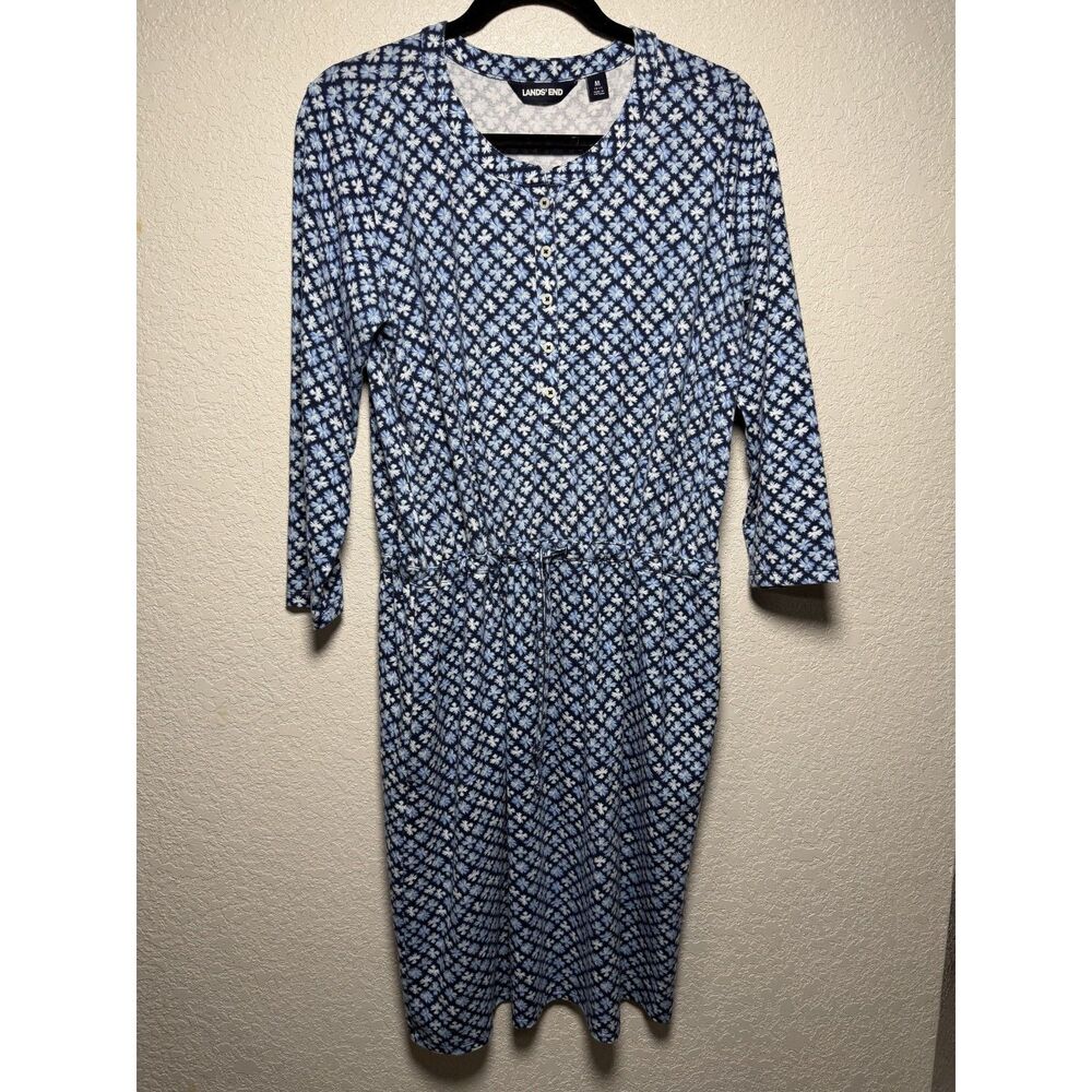 Lands' End Geo Clover Print Knee Length Dress M 10-12 Drawstring Waist Pockets - Picture 2 of 13